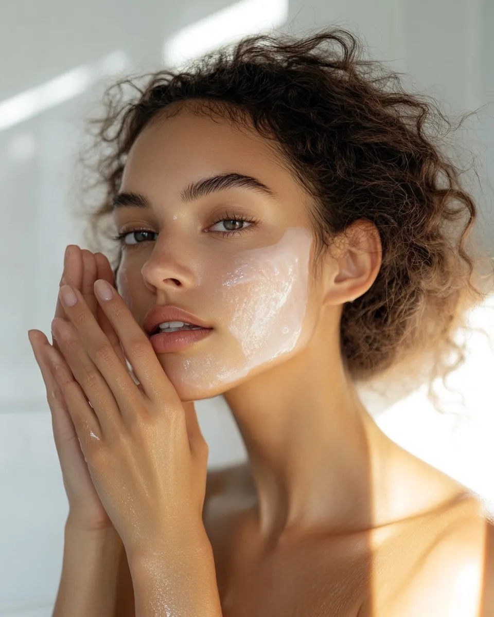 Fresh-faced woman with glowing hydrated skin preparing base for barely-there makeup routine