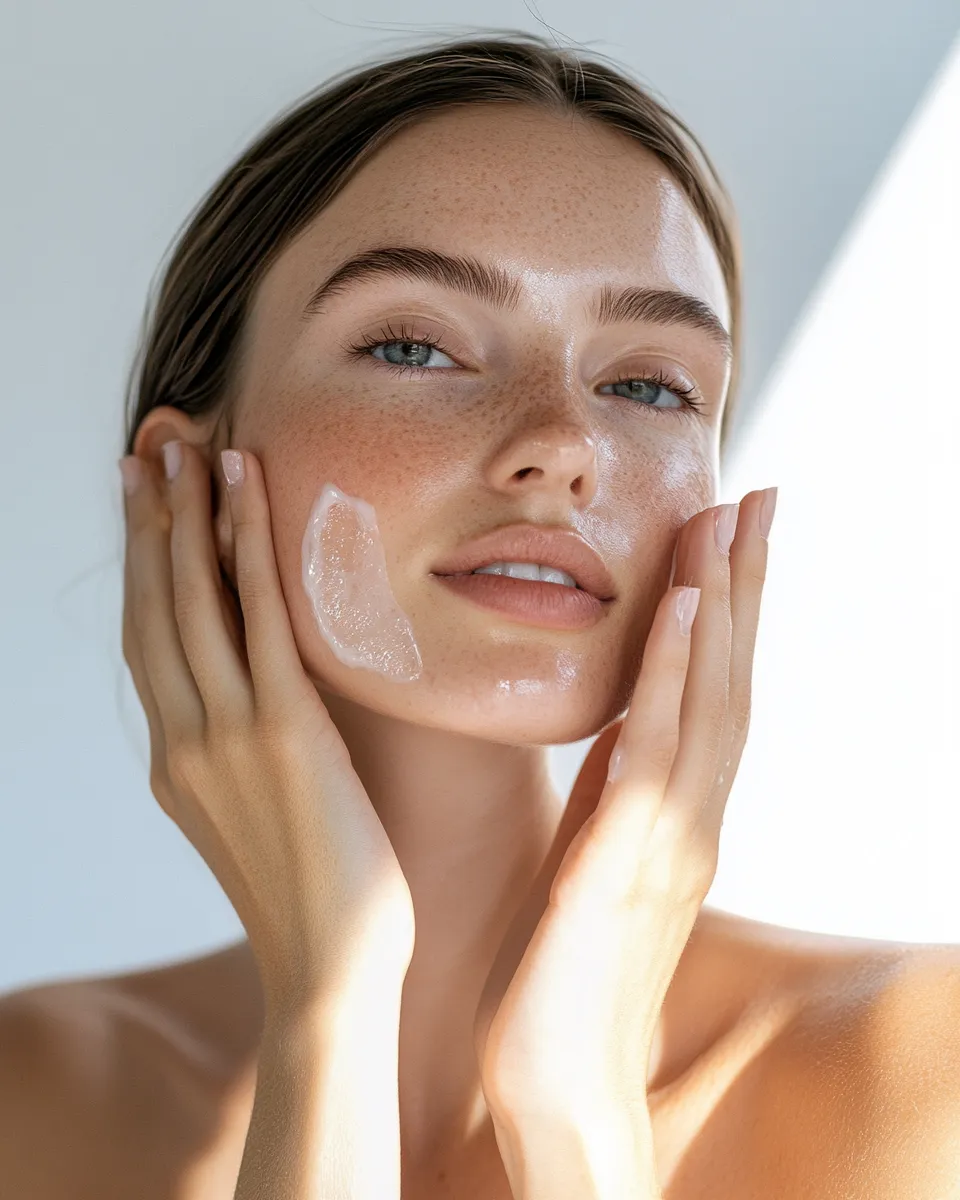 Skin prep portrait showing moisturizer application on clean face before lightweight makeup