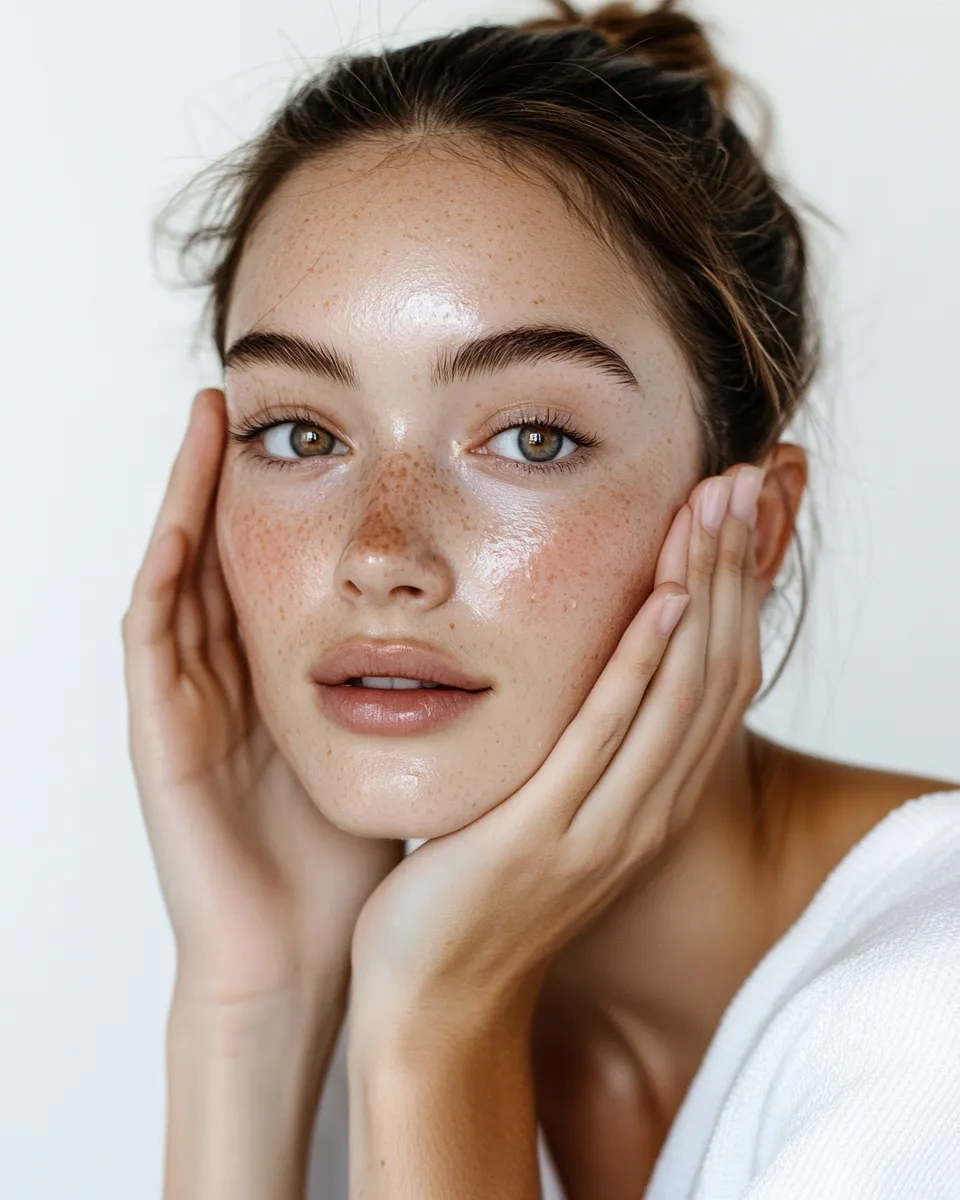 Close-up of woman with plump hydrated skin ready for skin tint and minimal beauty products