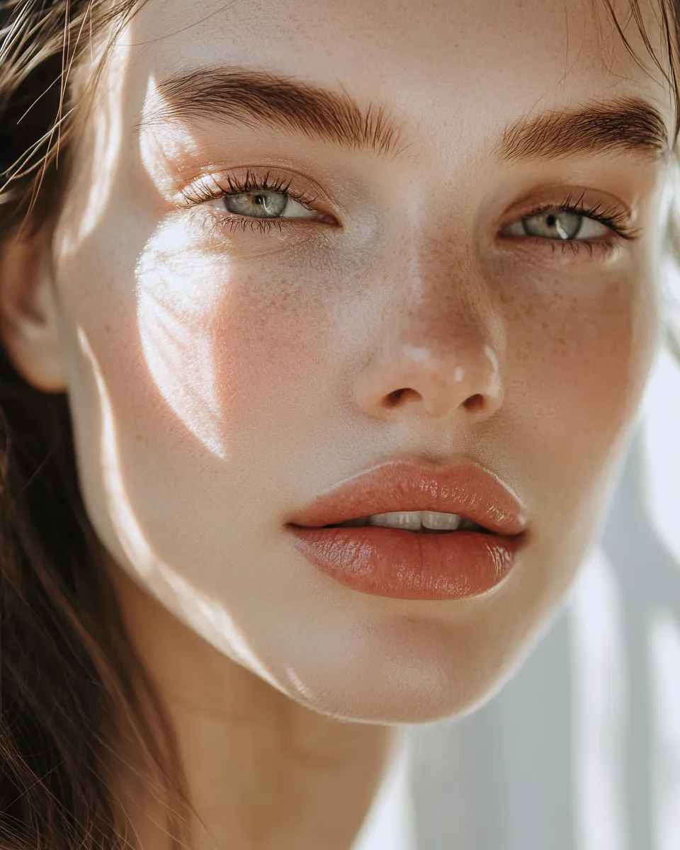 Completed no-makeup makeup look on woman with glowing skin, pink blush and glossy lips in morning light