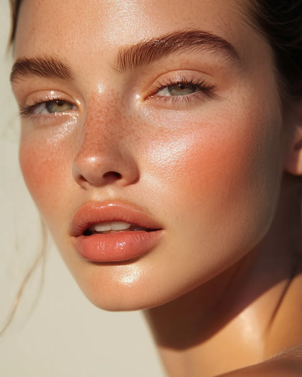 Woman with soft cream blush and glossy lips showing no-makeup makeup look in golden light