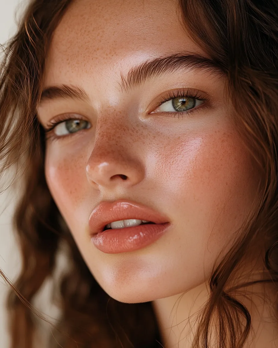 Beauty portrait of natural flushed cheeks and tinted balm lips for fresh everyday makeup look