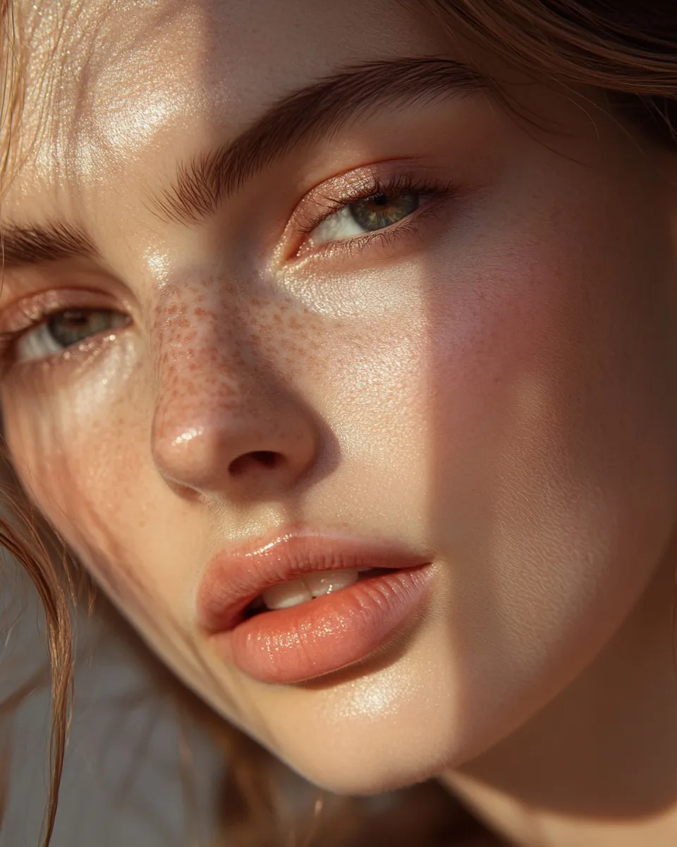 Close-up of glowing skin with sheer coral blush and glossy lips for barely-there makeup finish