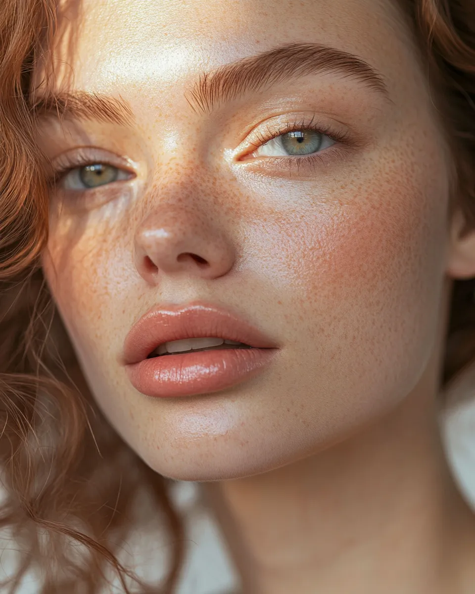 Editorial portrait showing cream blush and lip gloss as key steps of no-makeup makeup routine