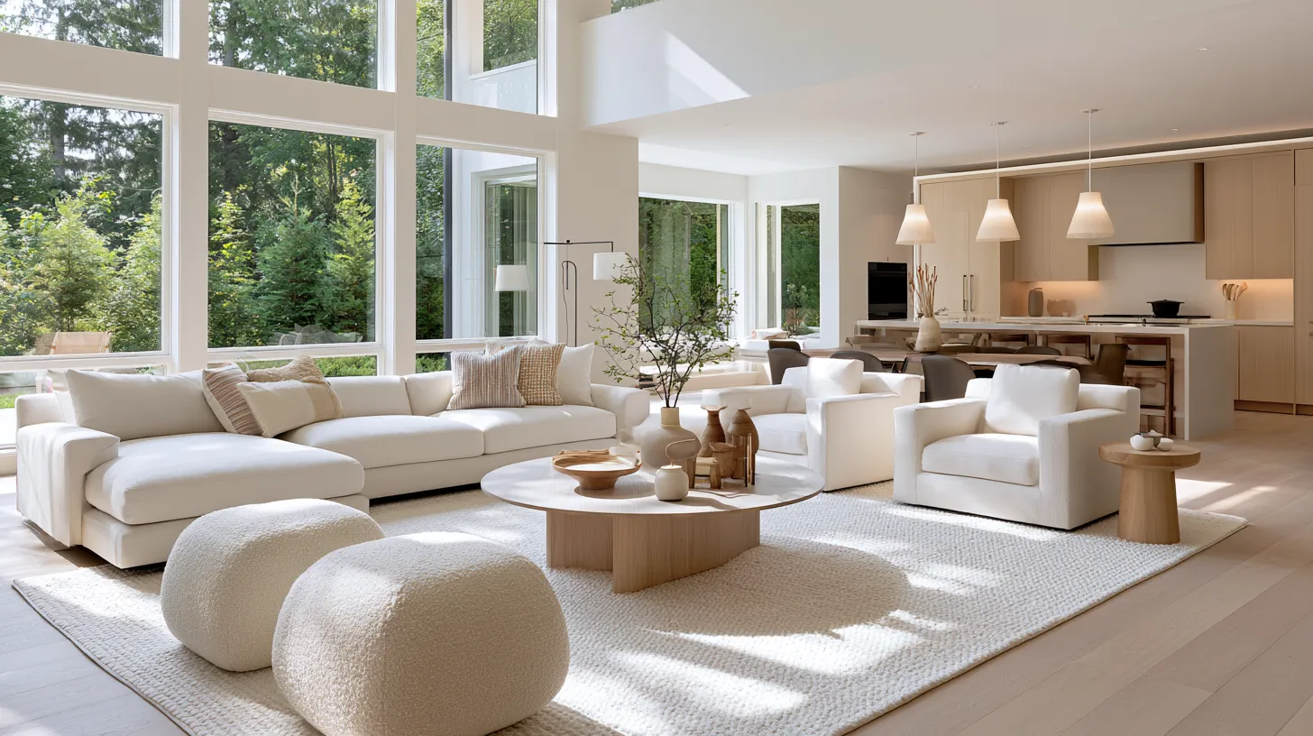 Best open floor plan ideas featuring rug zoning in a bright minimalist interior