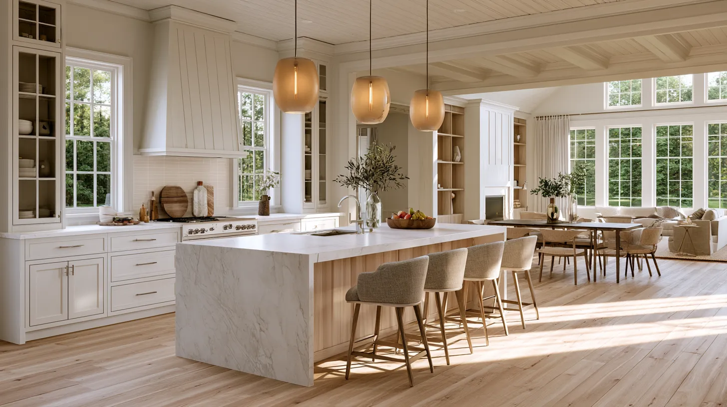 Open plan kitchen island design ideas with pendant lighting and wood accents
