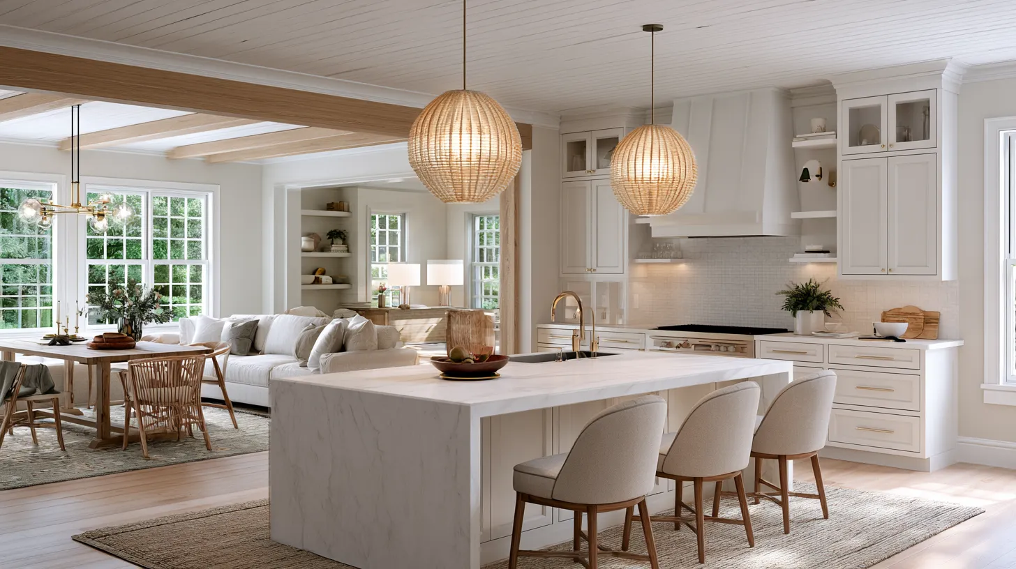 Open floor plan ideas centered around a large marble kitchen island