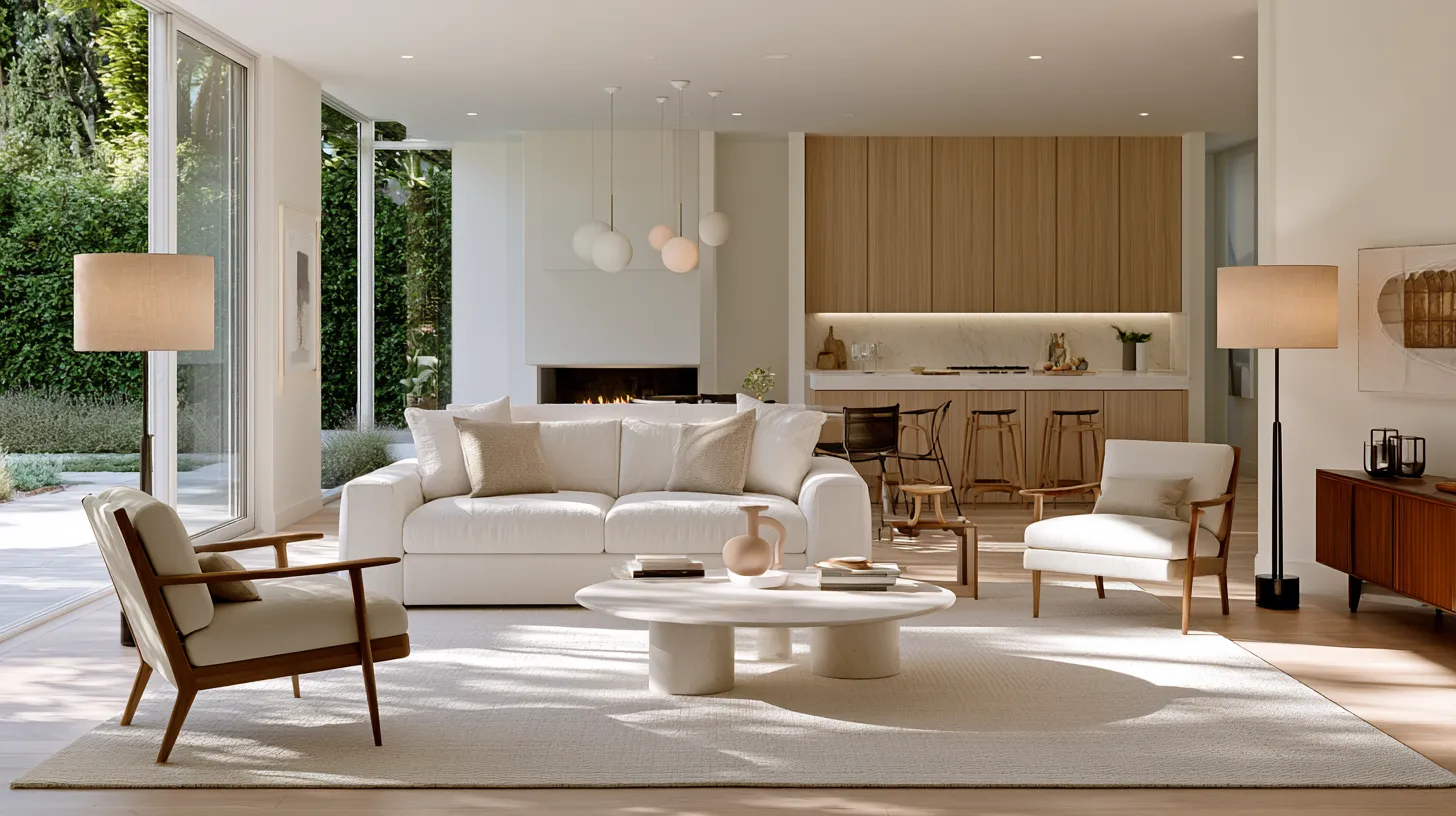 Open floor plan ideas with area rugs defining living and dining zones in a modern home