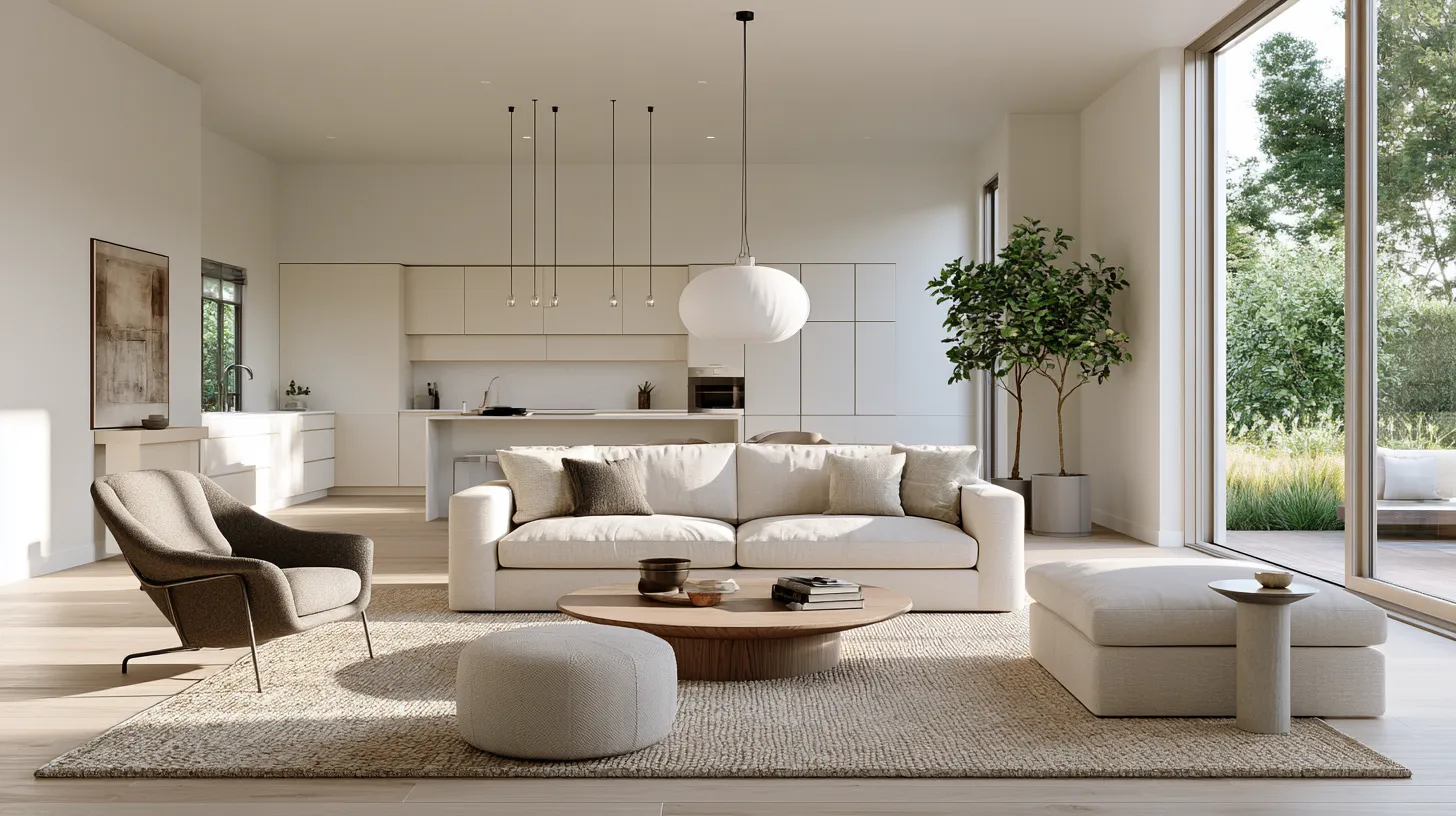 Open concept floor plan design using rugs to separate spaces without walls