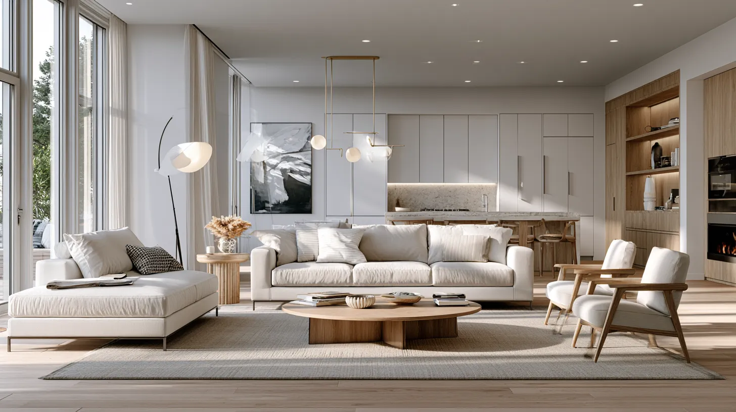 Contemporary open floor plan living room with layered rugs and natural light