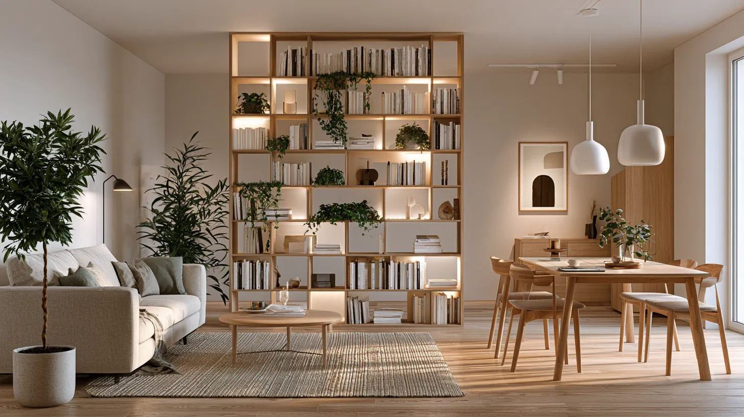 Creative open floor plan room separation ideas using furniture and shelving