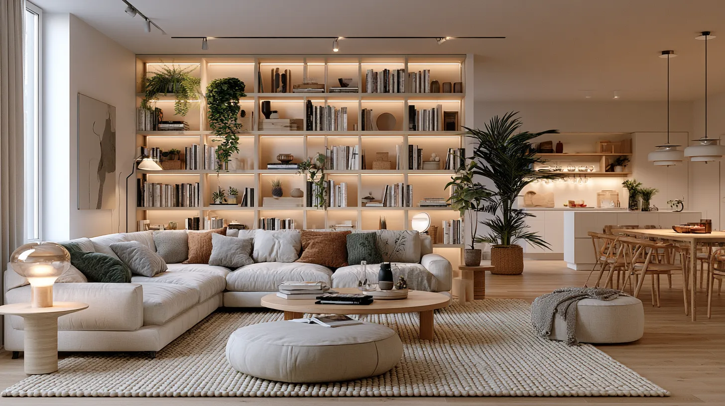 Modern open plan home design ideas with open shelves as soft zone dividers