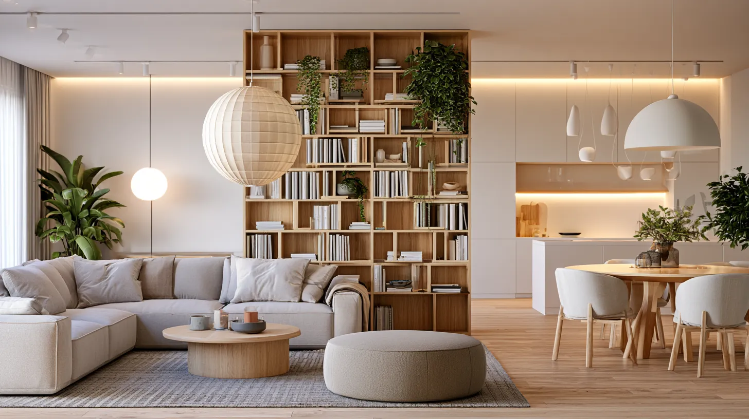 Open floor plan ideas using open shelving as a room divider between living and dining