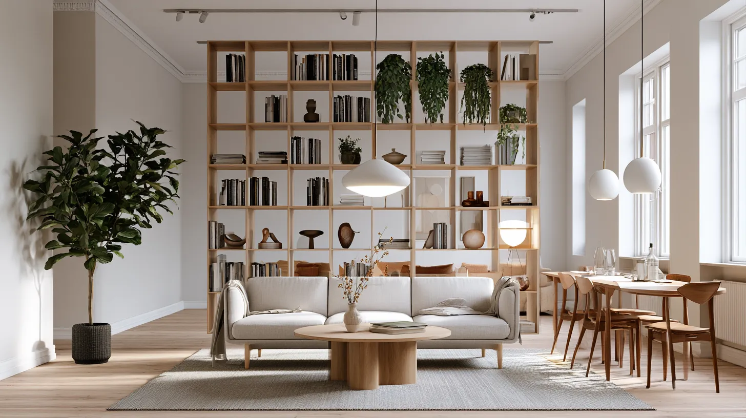 Open concept living room divider ideas with tall bookshelves and plants