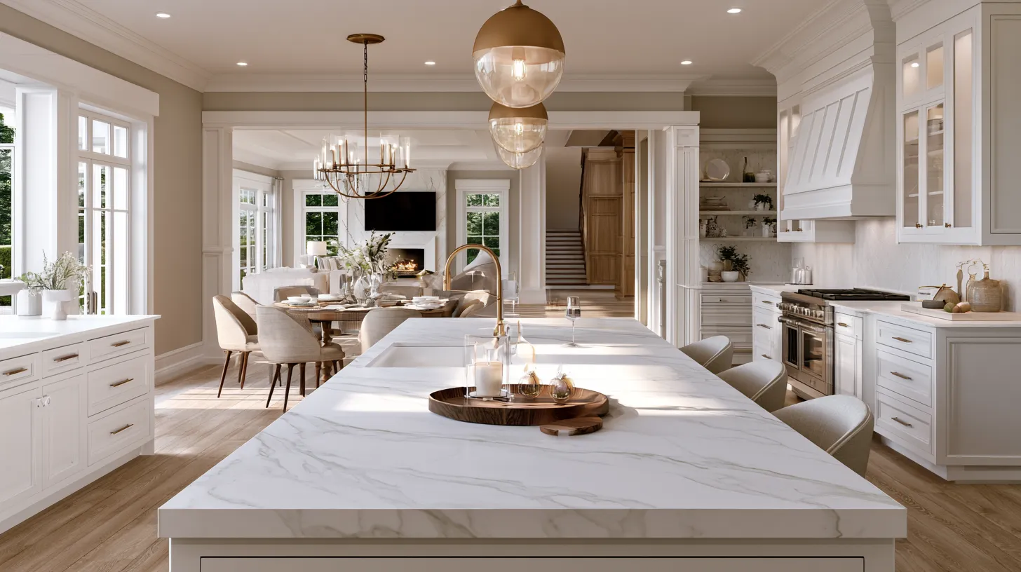 Modern open concept floor plan with kitchen island connecting dining and living areas