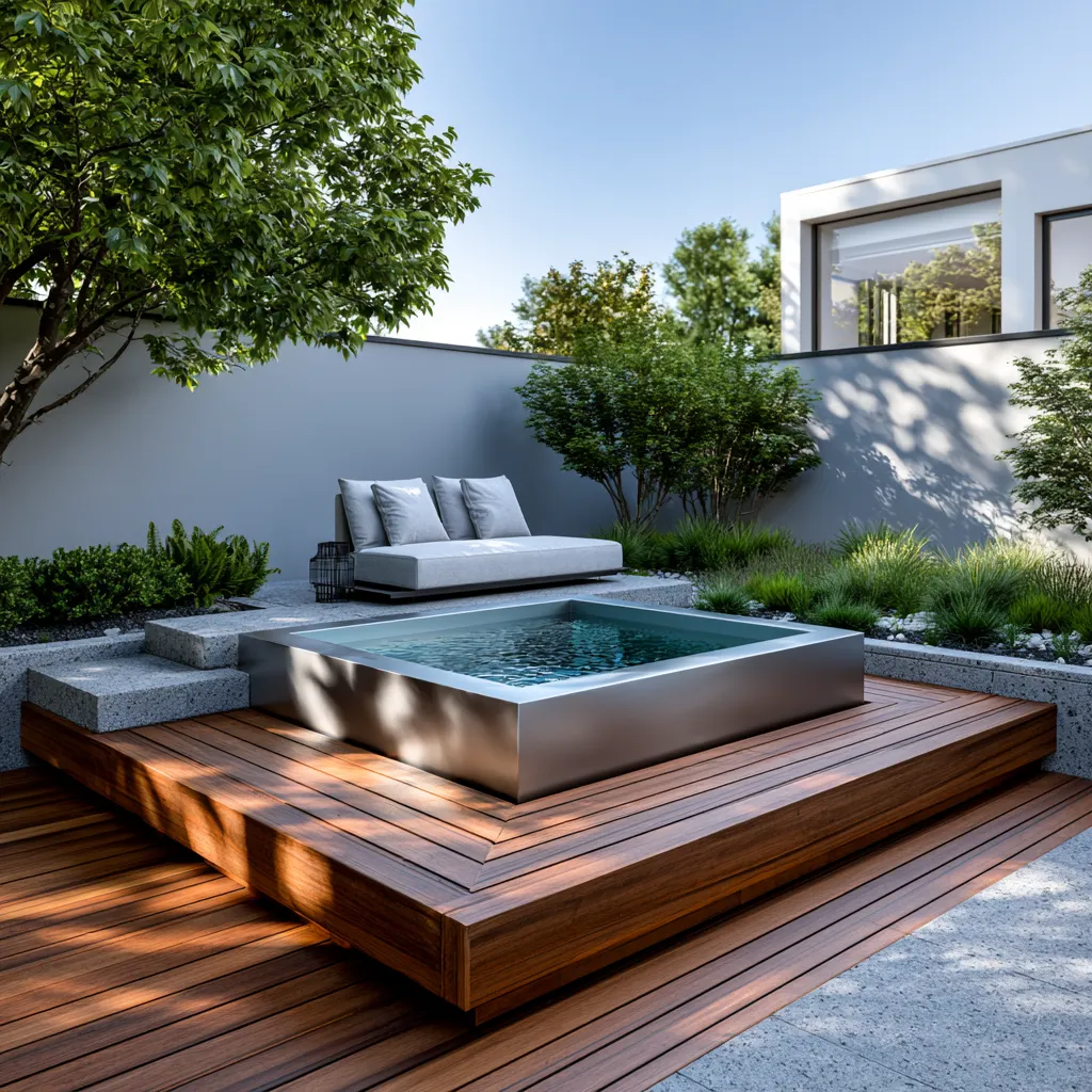 Backyard plunge pool with geometric deck design and privacy elements