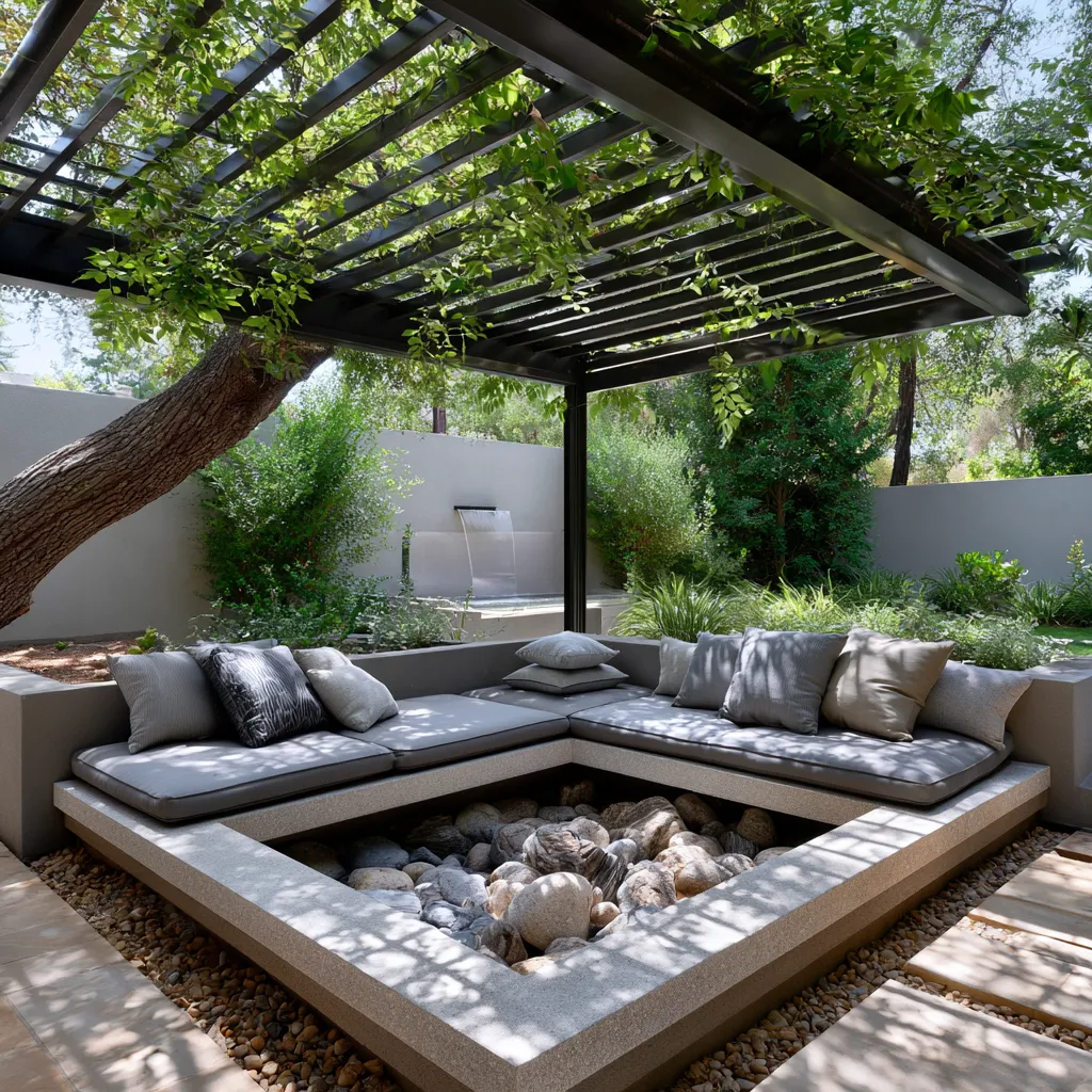Tranquil meditation deck with pergola and water feature backdrop