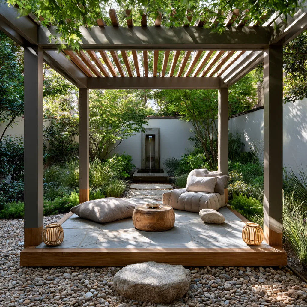 Minimalist outdoor meditation platform with natural stone and plantings