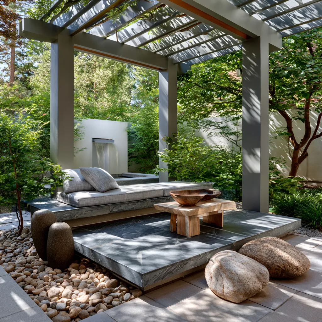 Zen-inspired backyard meditation space with overhead shade structure