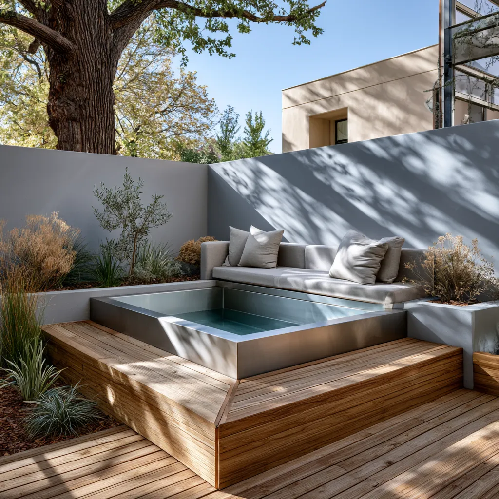 Sleek cold plunge pool with cedar decking and slatted screens