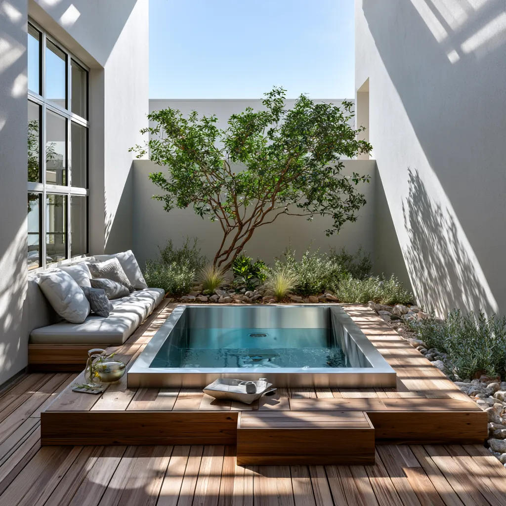 Modern wellness zone featuring cold plunge integrated into landscape