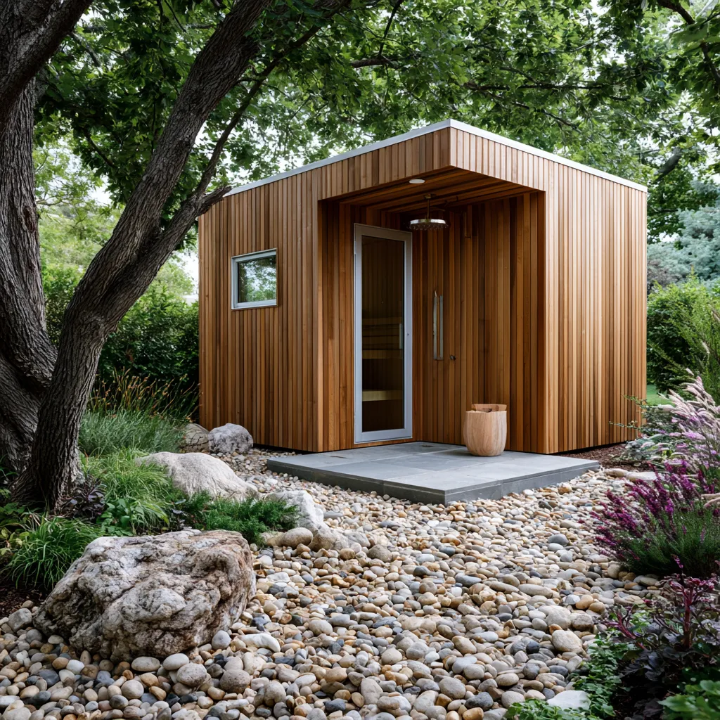 Wooden sauna integrated into backyard wellness landscape design