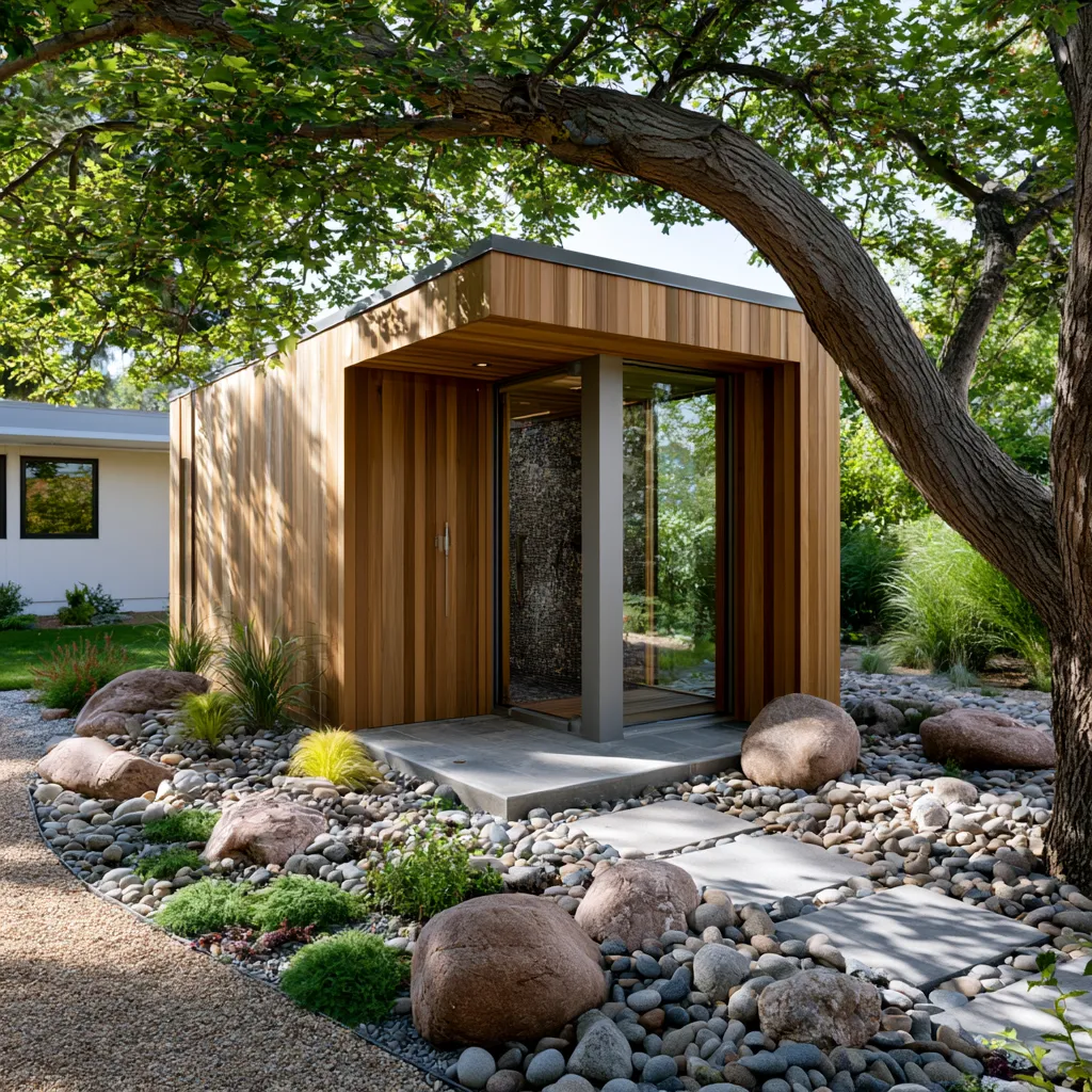 Cedar sauna with permeable paver deck and privacy elements