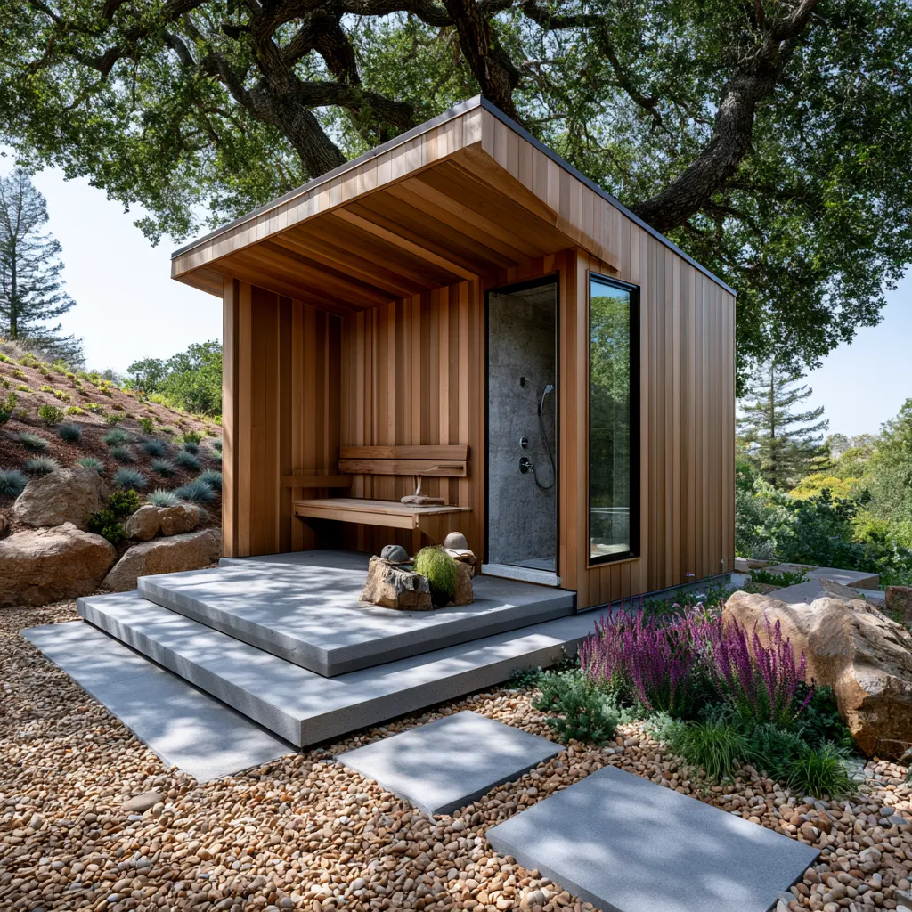 Outdoor sauna with integrated shower and meditation garden access