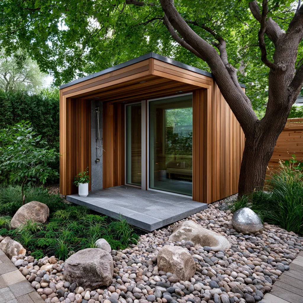 Modern wellness structure featuring sauna and native plant landscaping