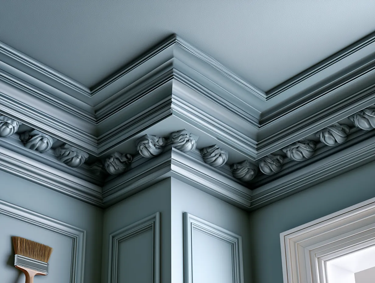 Deep-stained wood ceiling with architectural trim contrast
