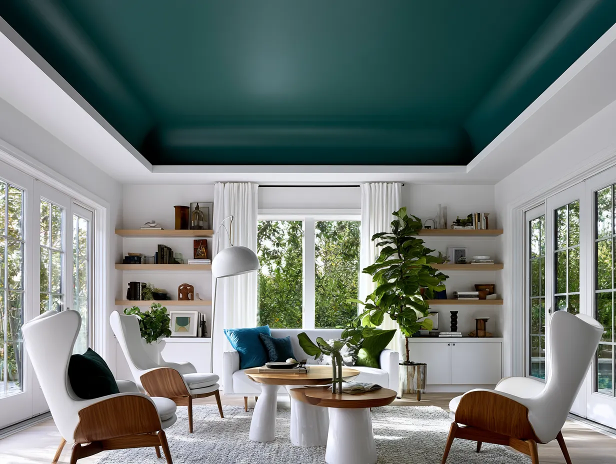 Sapphire painted ceiling frames white-walled modern bedroom space