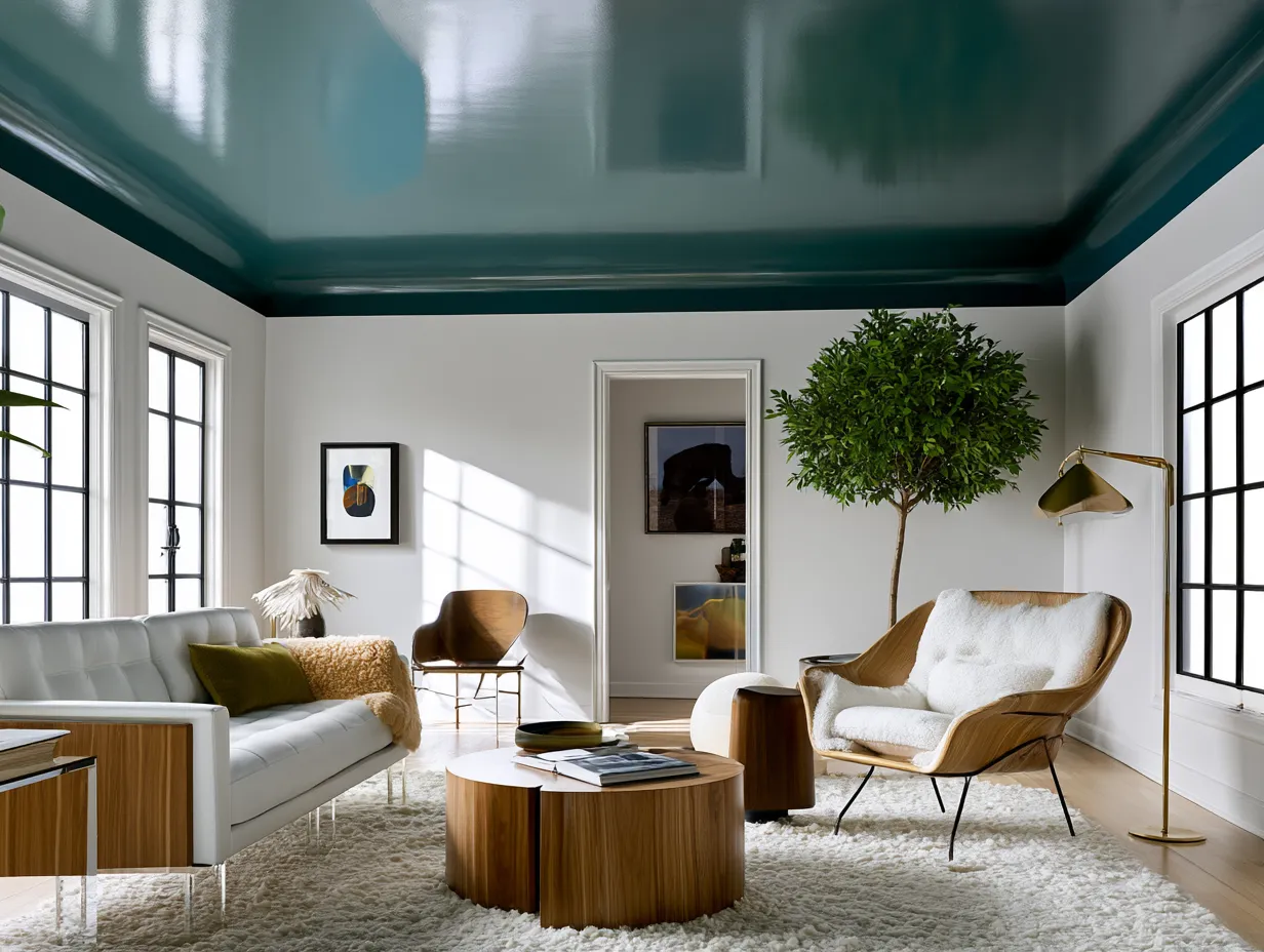 Jewel-toned painted ceiling creates room intimacy in bright interior