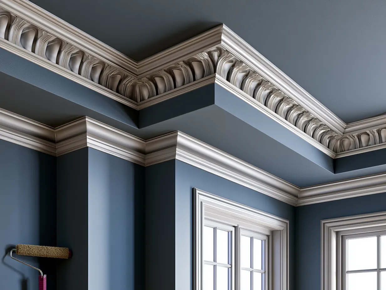 Overhead painted ceiling meets white wall crisp edge line