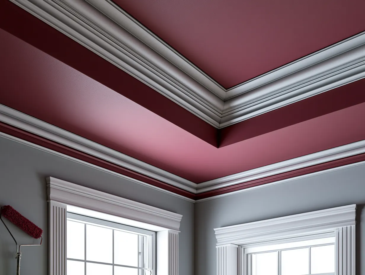 Crown molding paired with matte navy ceiling finish detail