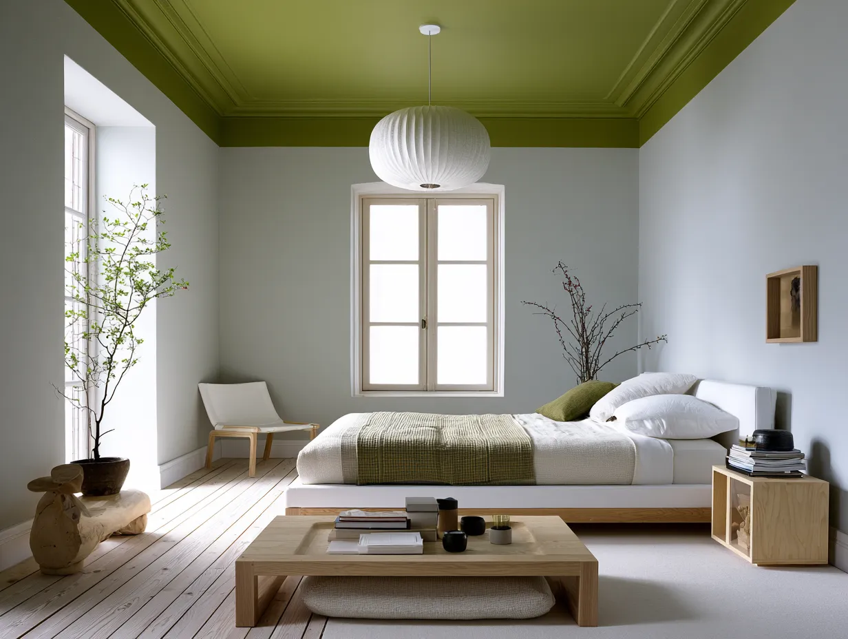 Midiminimalist room with painted ceiling anchoring minimal furniture below