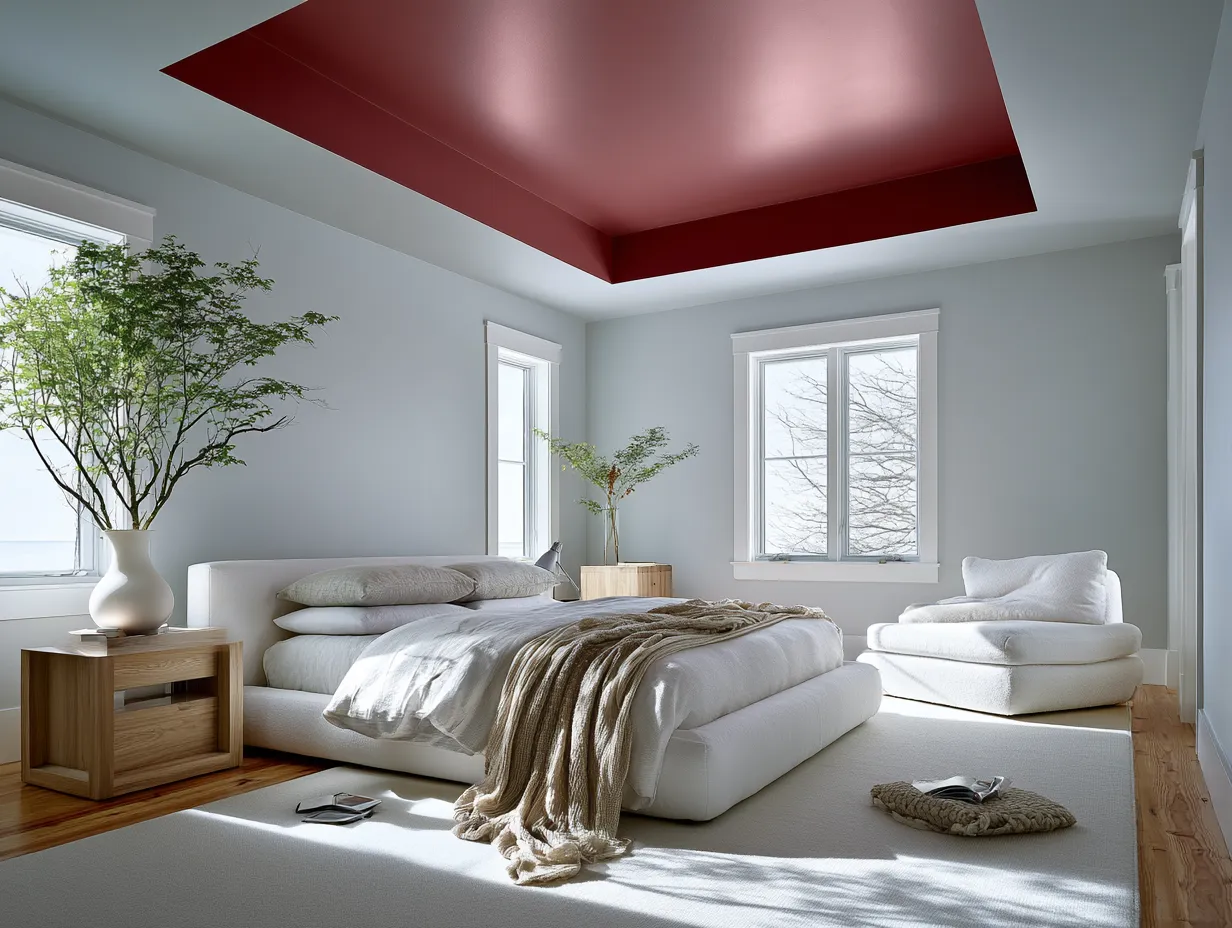 Deep-toned painted ceiling creates design completion in sparse interior