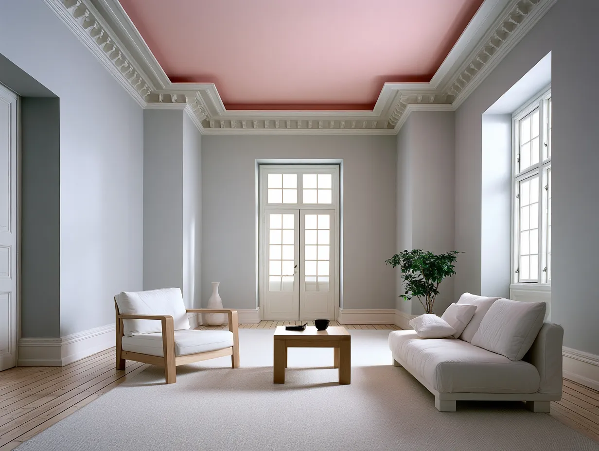 White-walled room transformed by single painted ceiling color feature