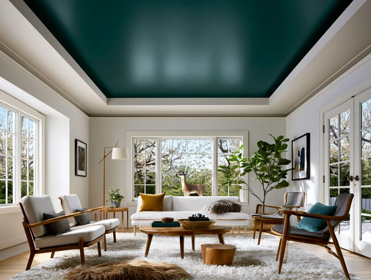 Matte forest-green ceiling anchors minimalist living room design