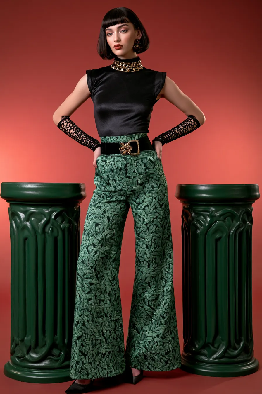 Full-length fashion photo of a model dressed in a sophisticated themed party wear look