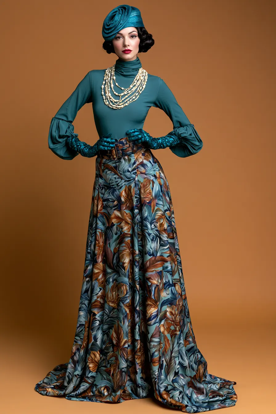 High-fashion editorial studio portrait of a woman in a standout themed party fashion ensemble