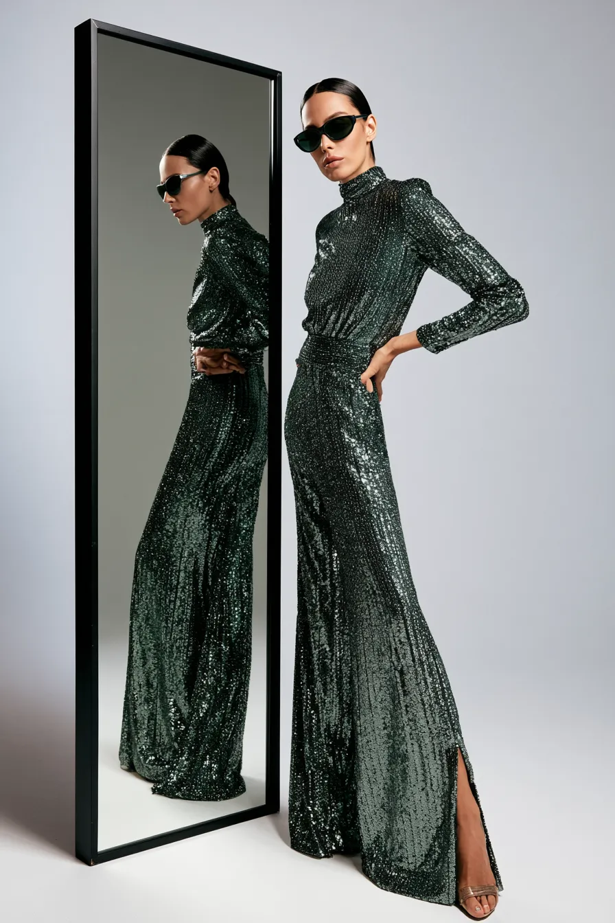 Model wearing a sequined party fashion outfit in a sleek studio editorial shoot
