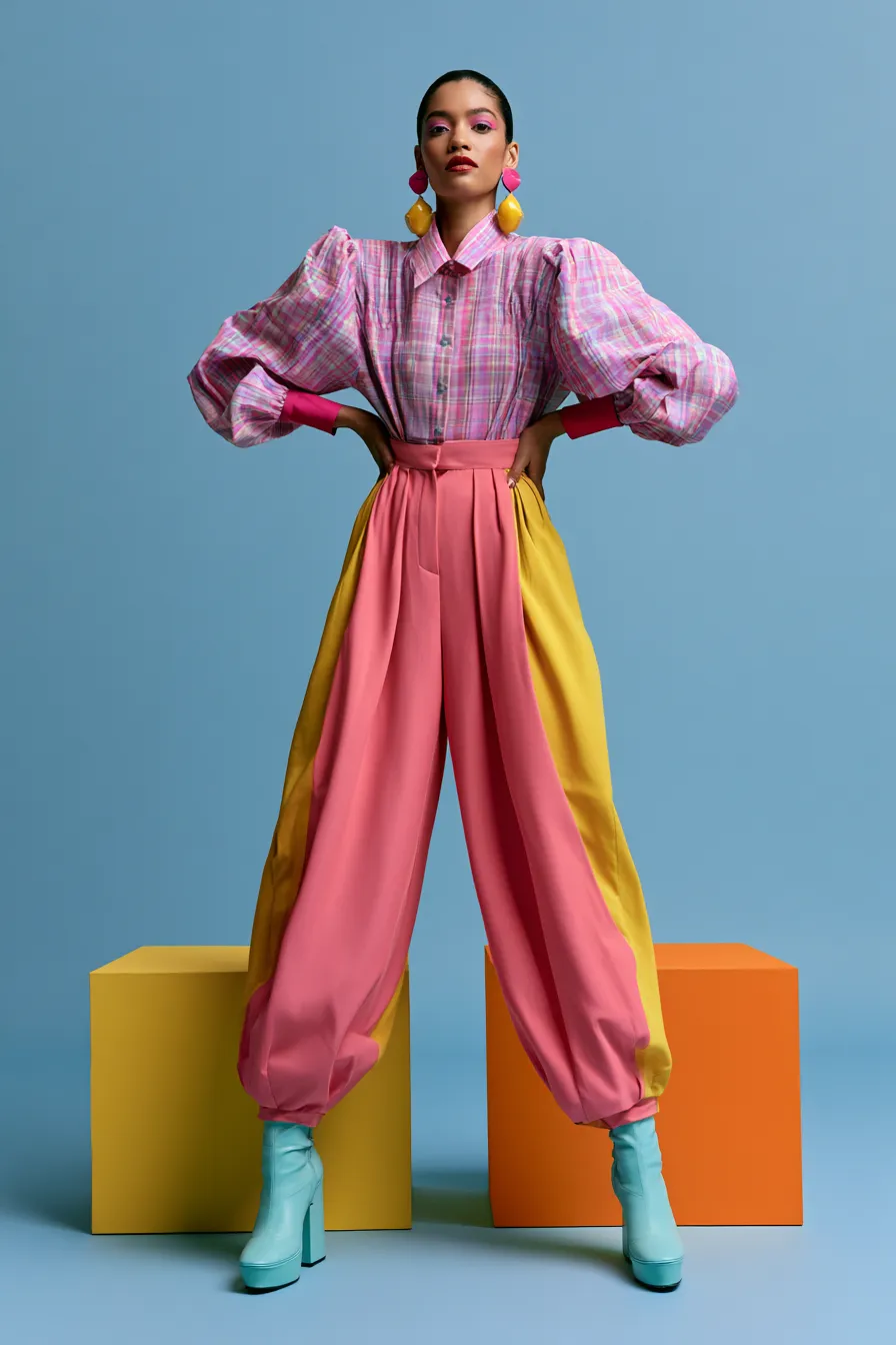 Magazine-style studio portrait of a woman in a bold birthday party outfit look