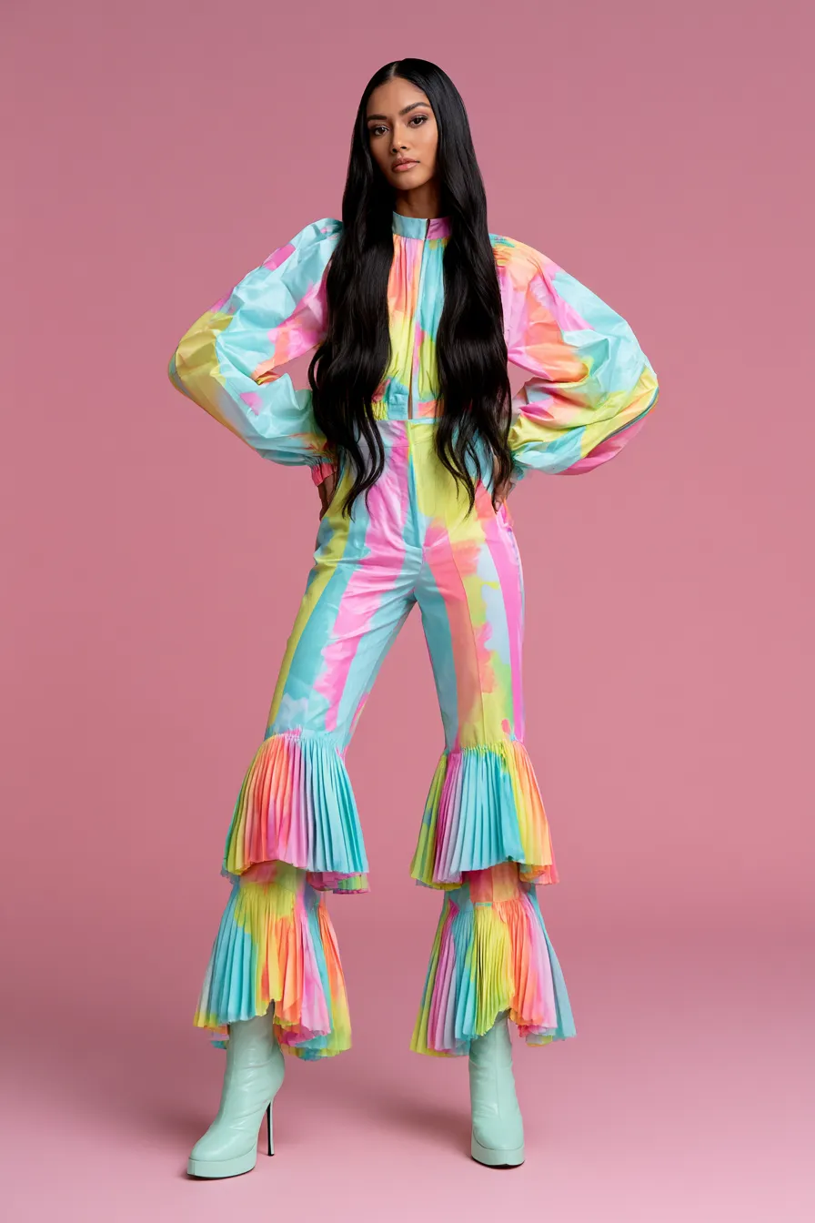 Studio editorial fashion photo of a woman wearing a standout birthday party ensemble