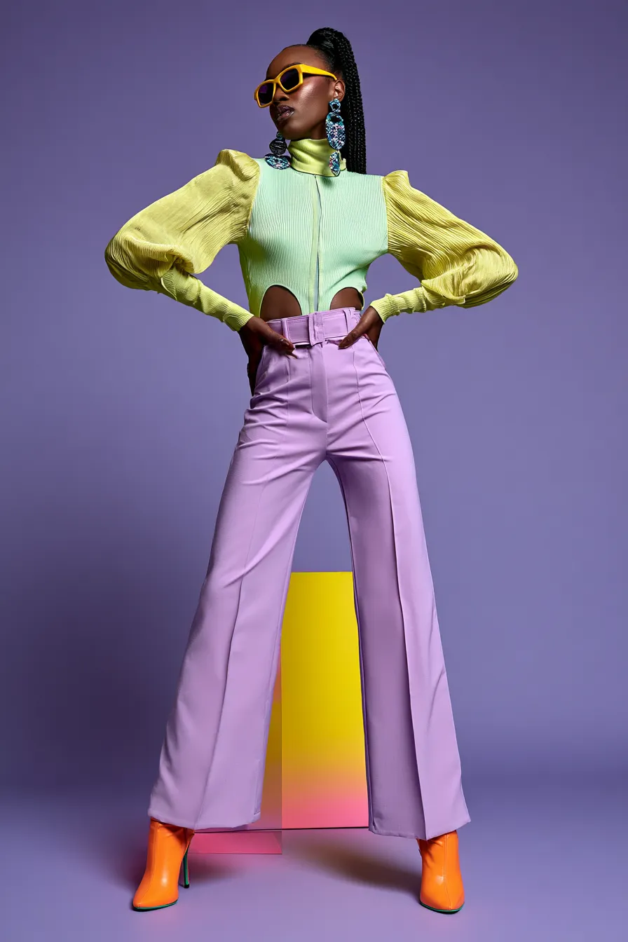 Woman in a colorful birthday party fashion outfit posing in a studio editorial shoot
