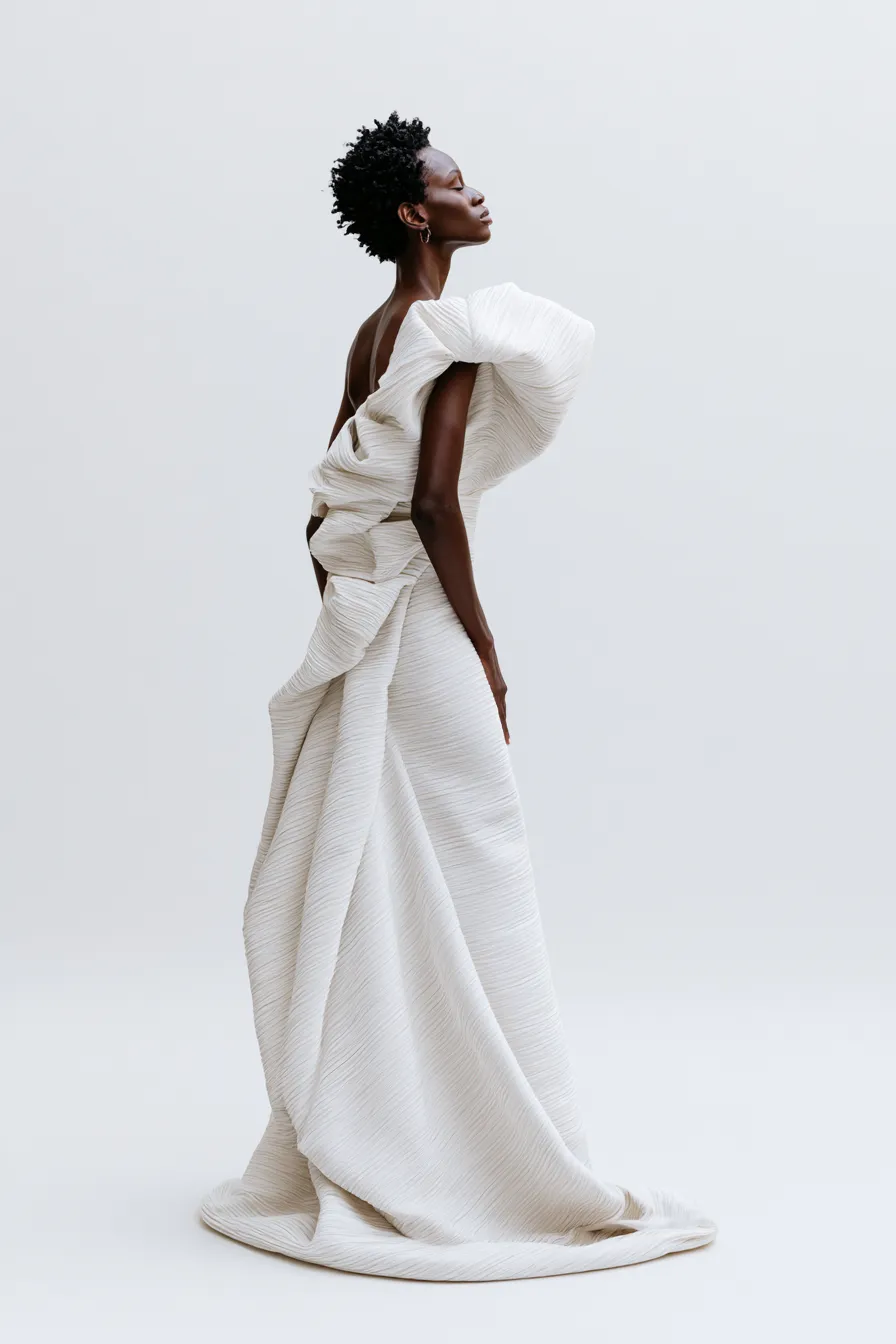 High-fashion studio portrait featuring a bold party fashion dress with clean styling