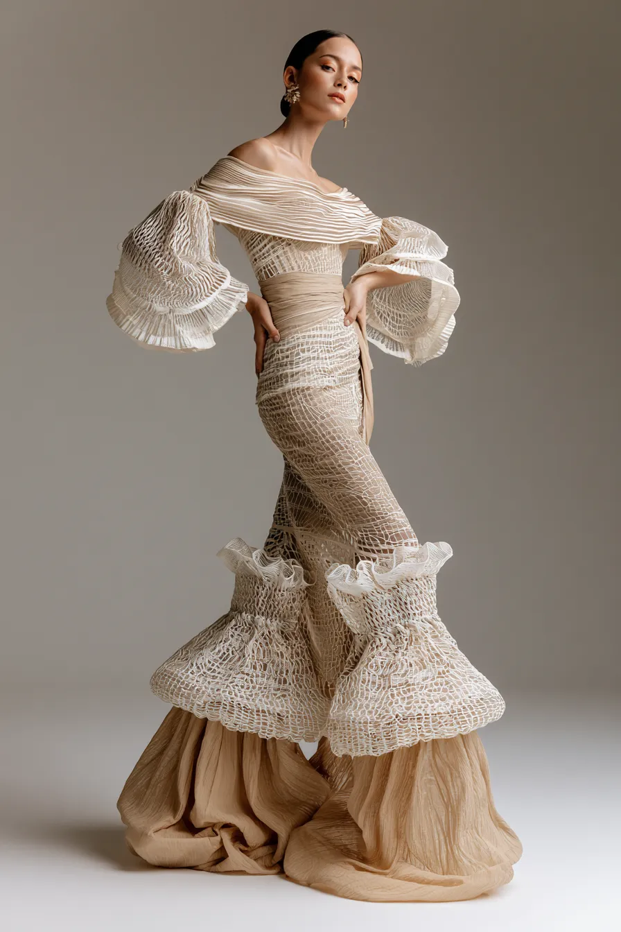 Luxury editorial studio image of a woman wearing a standout party wear dress