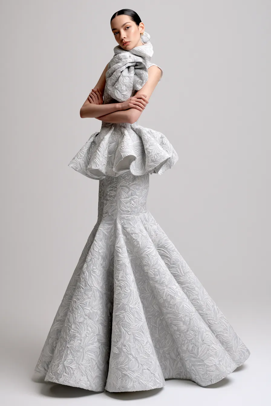 Studio editorial photo of a woman in a statement party dress with sleek fashion styling