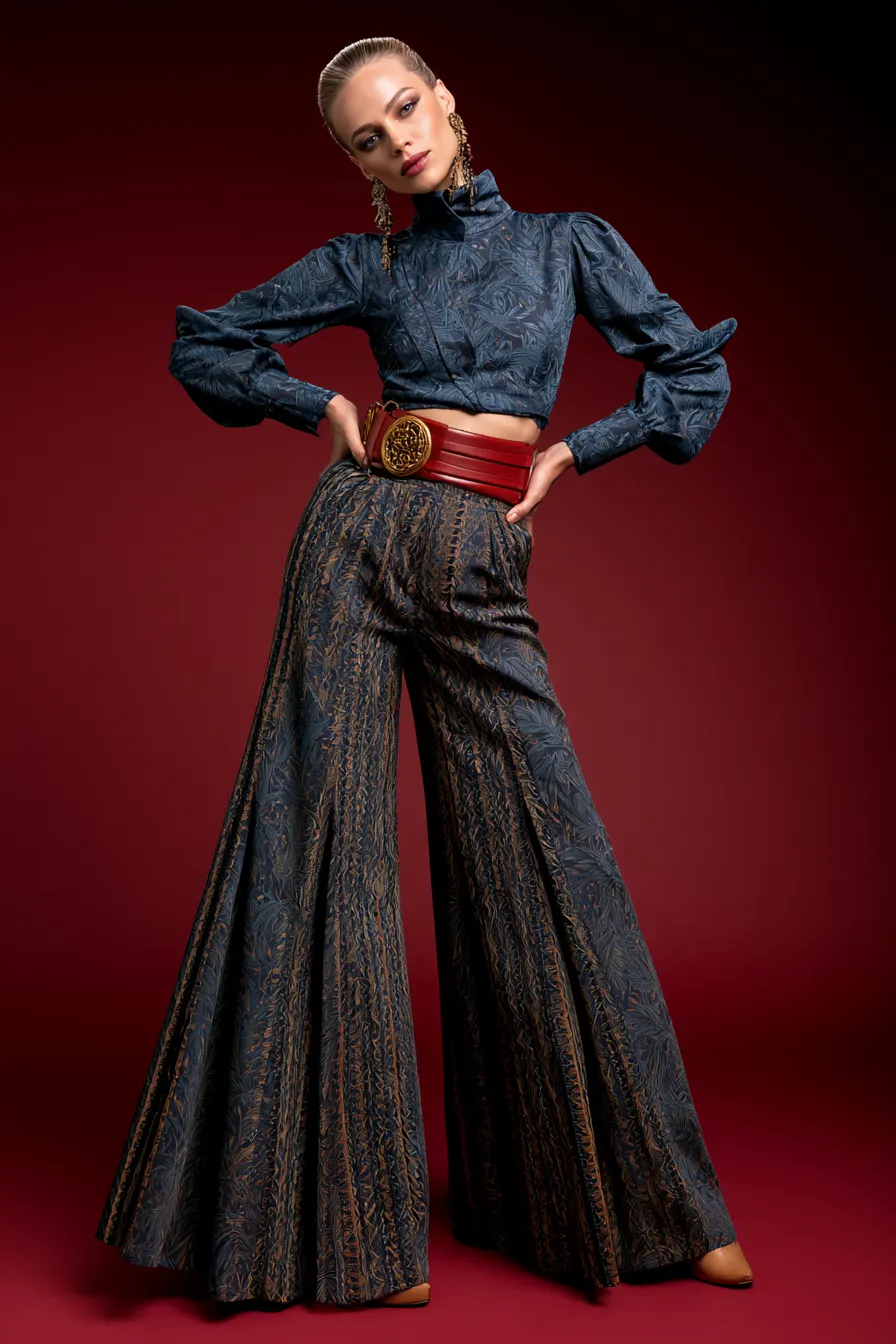 Studio editorial image of a woman in a glamorous themed party fashion outfit