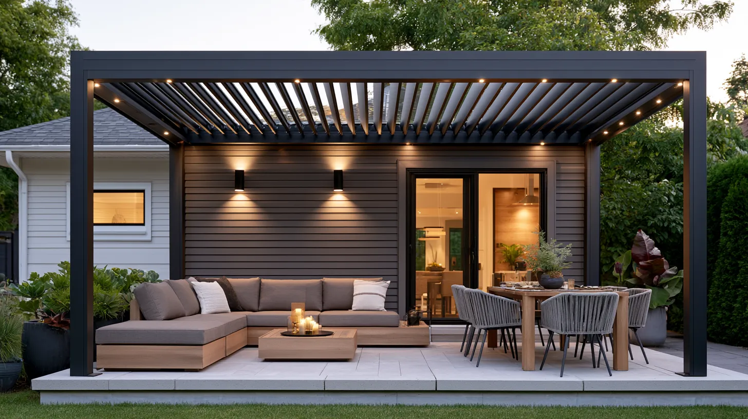 Modern pergola patio and yard idea with aluminum shade structure over outdoor seating area at dusk
