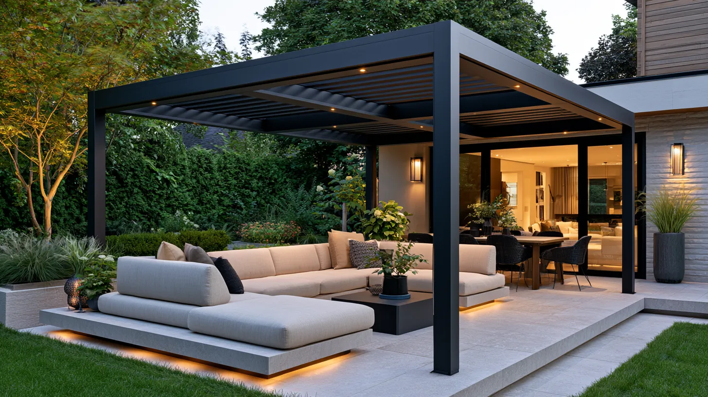 Backyard shade structure design featuring a contemporary pergola with climbing plants and sectional furniture